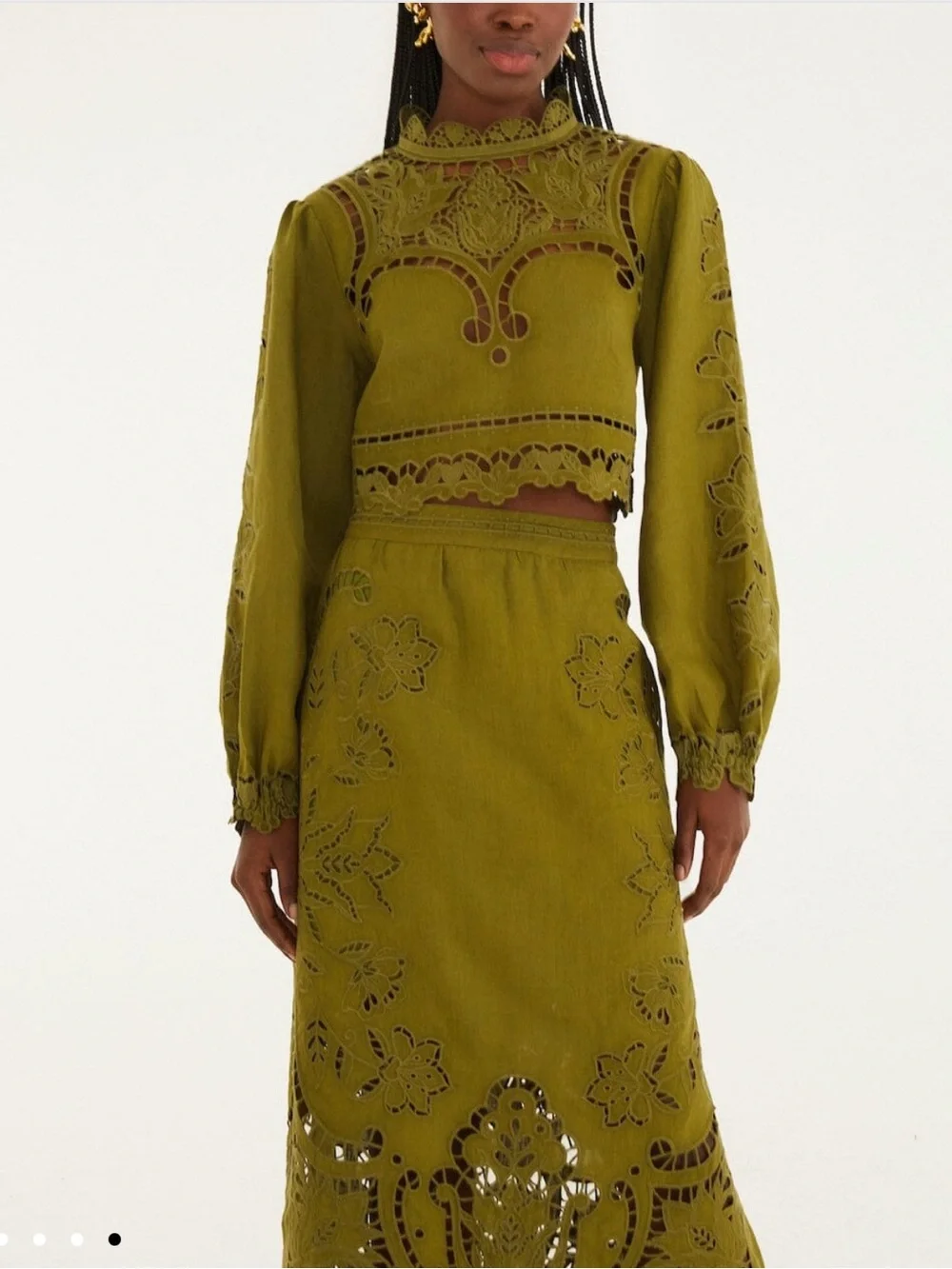 FARM Rio 100% Linen Olive Green Cutwork Midi Skirt - Picture 8 of 10